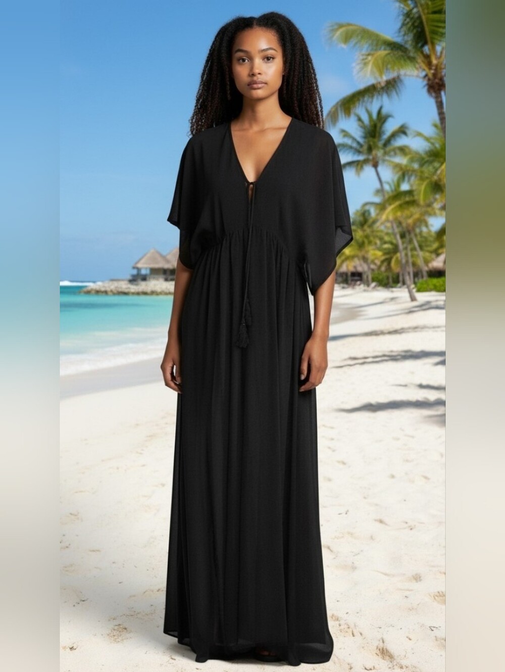 Traffic People Sheer Black Maxi Swim Coverup Kaftan with Tassel Tie Misses XS